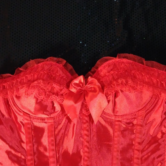Lace Ruffled Very Red Satin Corset With Bows, Lace Up Back & Side Zipper (M) - Picture 2 of 16